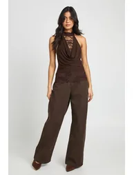 Lace Cowl Neck Halterneck Top - chocolate