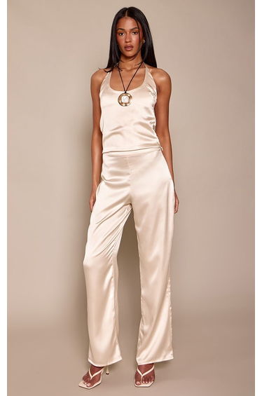 Tall Champagne Satin Mid Waist Wide Leg Trousers Co-ord