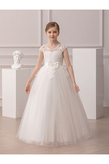 Girl Floral Lace Bow Detail Mesh Maxi Party Dress