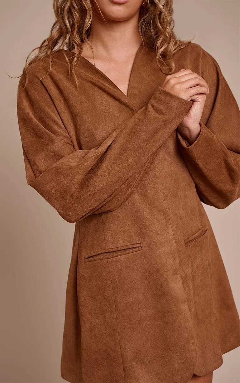 Brown Faux Suede Cocoon Sleeve Blazer Dress - 3