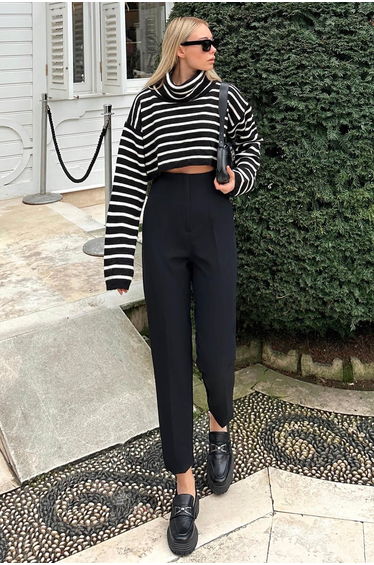Black Anna High Waist Women's Trousers with Slim Darts