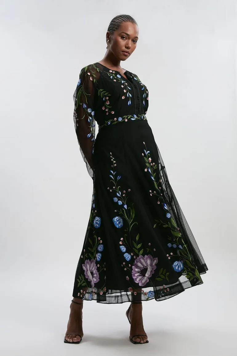 sachin and babi light blue dress Plus Size V Neck Floral Embroidered Lace Midi Dress in Blue