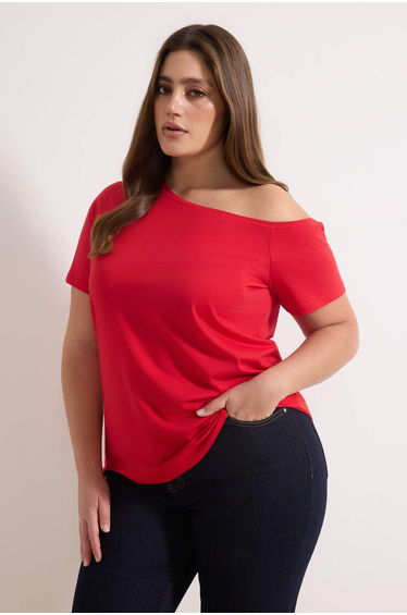 Red Off-Shoulder Detailed 100% Cotton Knitted Blouse