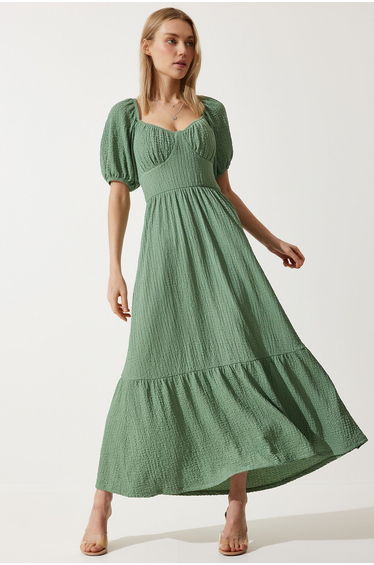 Women's Green Heart Collar Textured Summer Knitted Dress