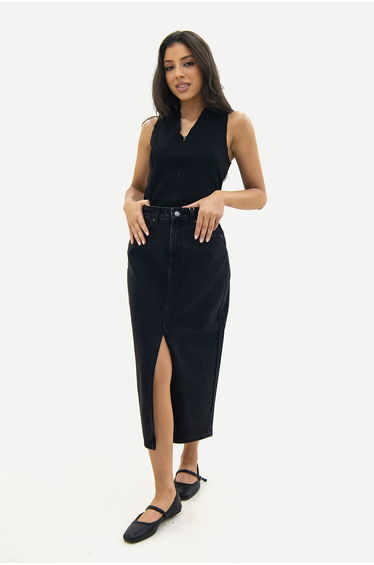 Black denim skirt with front slit