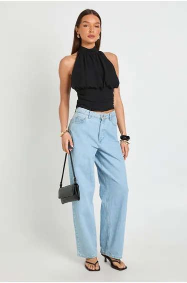 Chiffon Funnel Neck Balloon Top - black