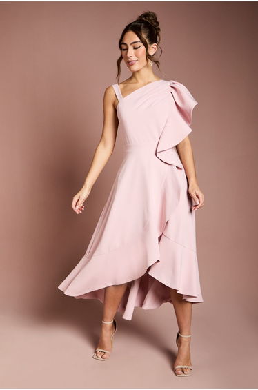 One Shoulder Crepe Ruffle Midi Dress
