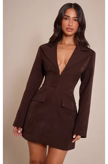 Petite Chocolate Hook And Eye Fitted Blazer Dress