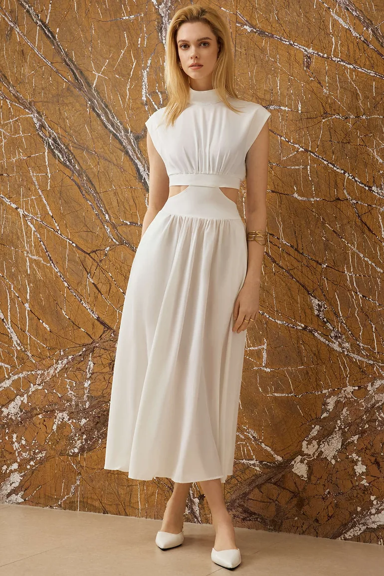 mock neck cut out long dress Women's Cotton Mock Neck Cut-Out Maxi Dress