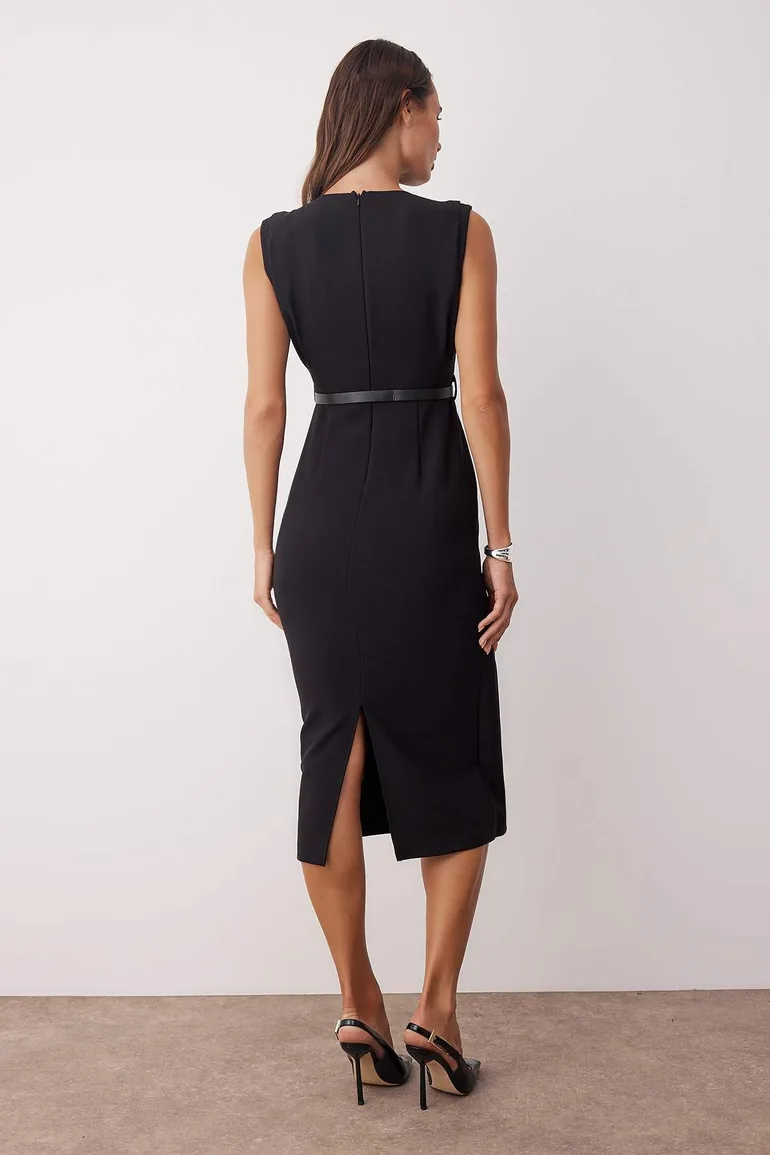 Black Belt Detailed Woven Dress - 5