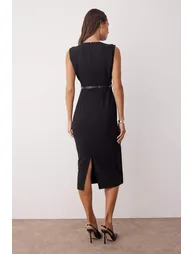 Black Belt Detailed Woven Dress - 5