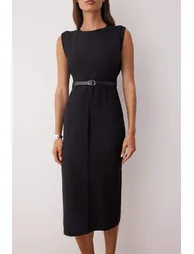 Black Belt Detailed Woven Dress - 4