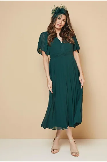 Chiffon Pleated Sleeve Midi Dress