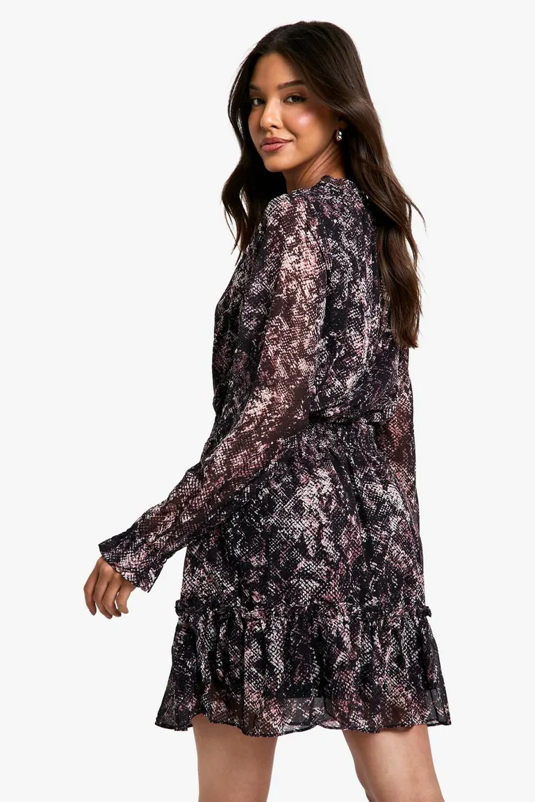 Snake Print Chiffon Long Sleeve Skater Dress - snake - 2
