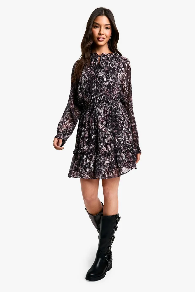 white christmas dresses Chiffon Off Shoulder Long Sleeve Mini Dress – Urban Planet