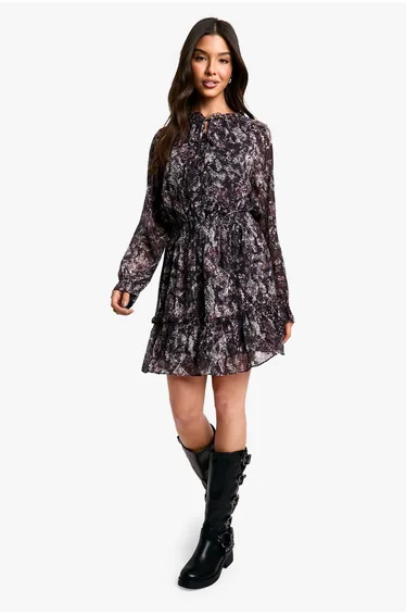 Snake Print Chiffon Long Sleeve Skater Dress - snake
