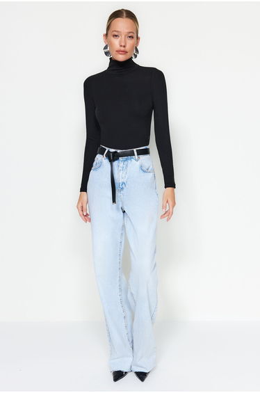 Black Premium Soft Fabric Turtleneck Fitted Stretch Knitted Blouse