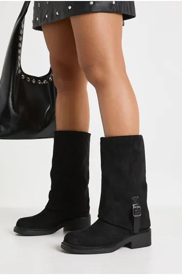 Buckle Detail Fold Over Calf High Boots - black