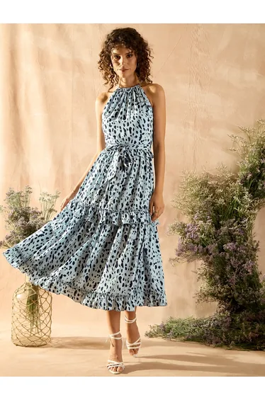 فستان ميدي بكشكش بحزام ربط بطبعة منقطة