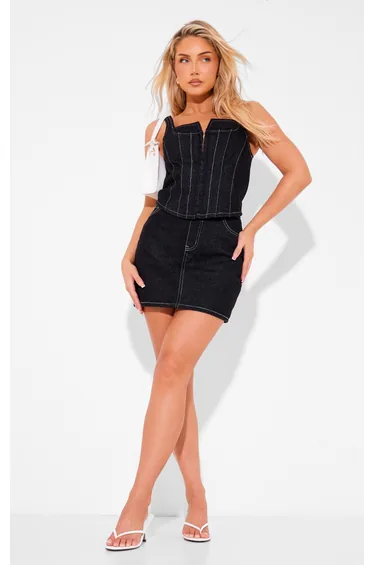 Black Denim Contrast Stitch Mini Skirt