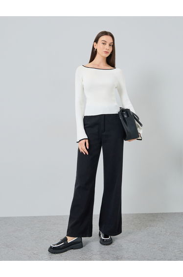 Solid Wide Neck Long Flare Sleeve Top