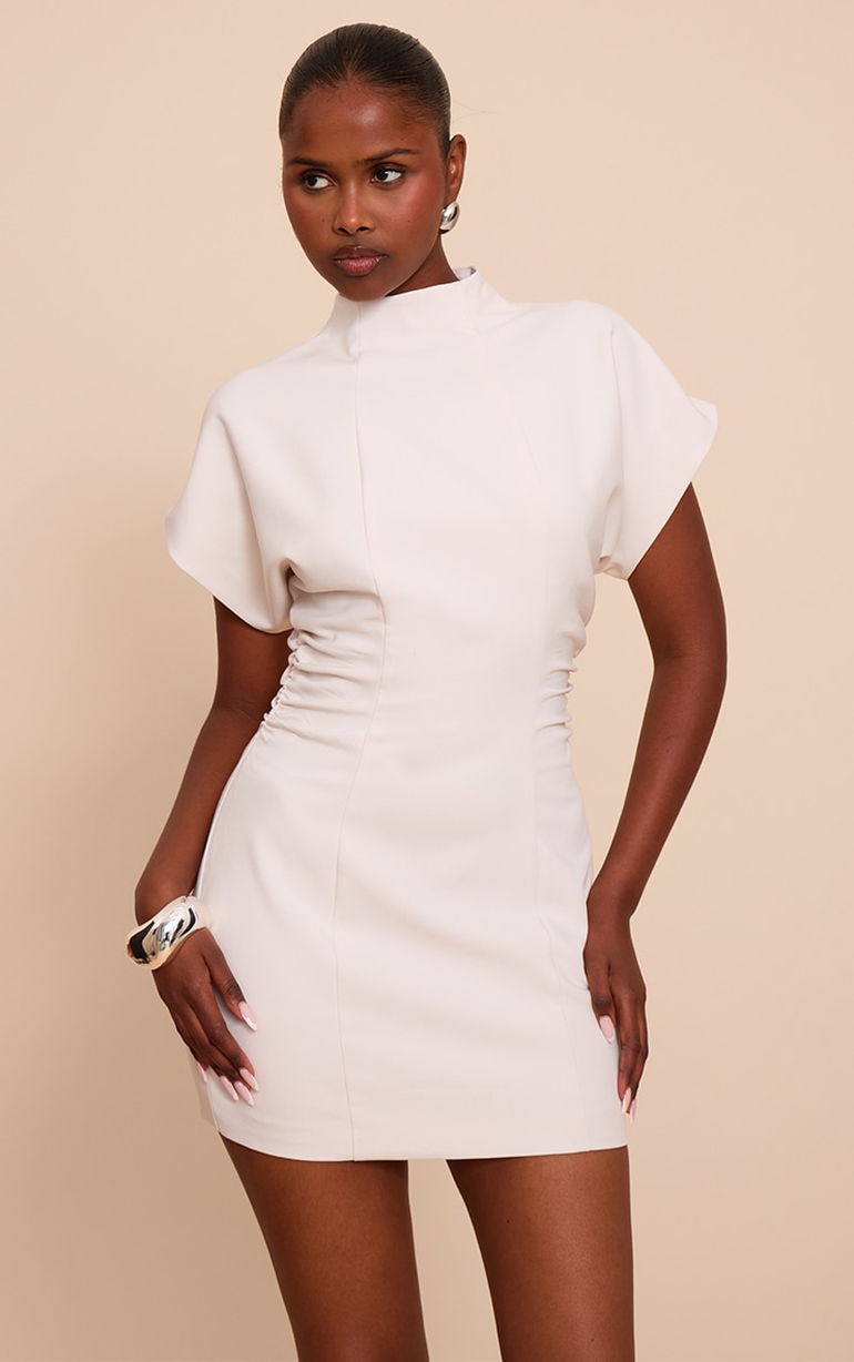 cream woven ruched cup detail long sleeve bodycon dress Long Sleeve Ruched Dress