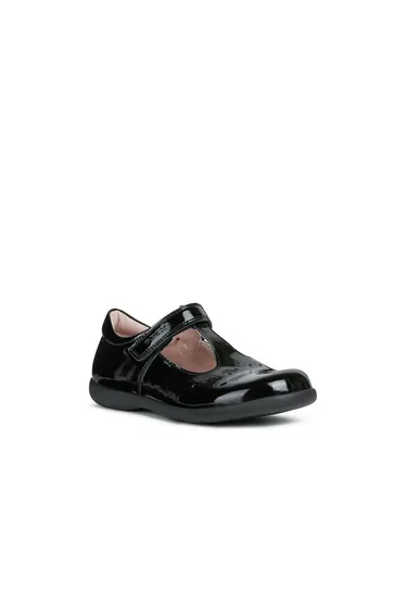 Geox Girls Naimara T-Bar Leather Ballerina Flats - Black Patent