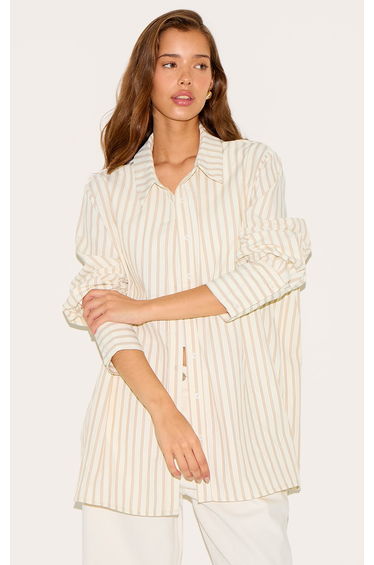 Cream Oversized Stripe Cuff Shirt