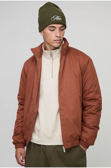 Regular Fit Funnel Neck Nylon Mono Padded Bomber Jacket - chocolate