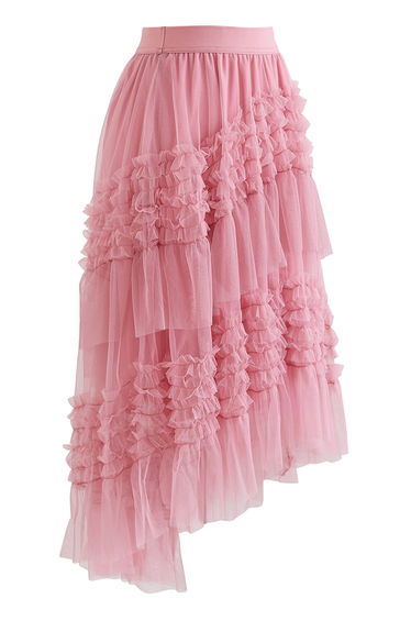 Ruffle Tiered Hi-Lo Mesh Tulle Skirt in Pink