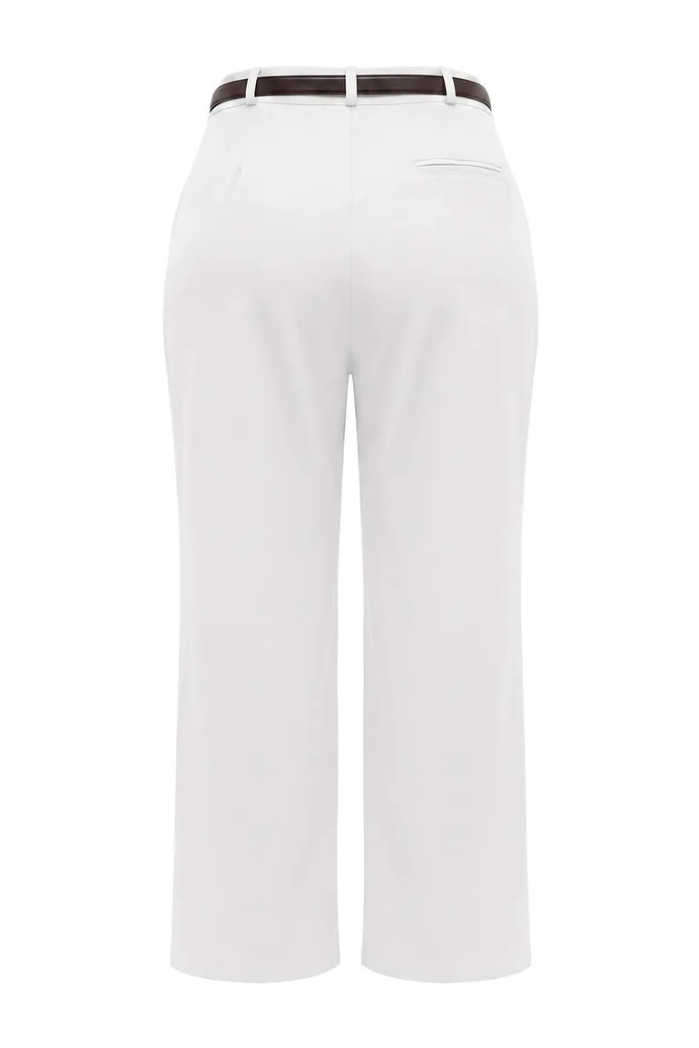 Ecru Black Belted Wide Leg Plus Size Trousers - 2