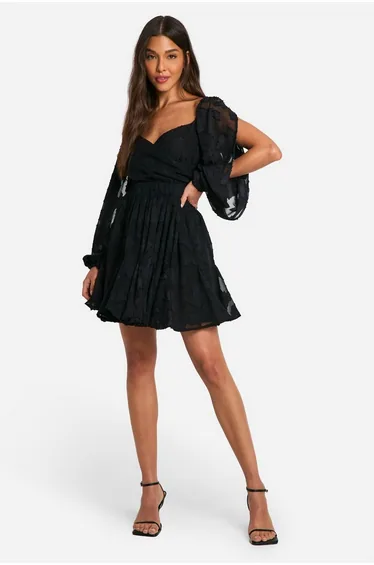 Textured Balloon Sleeve Tie Back Skater - black