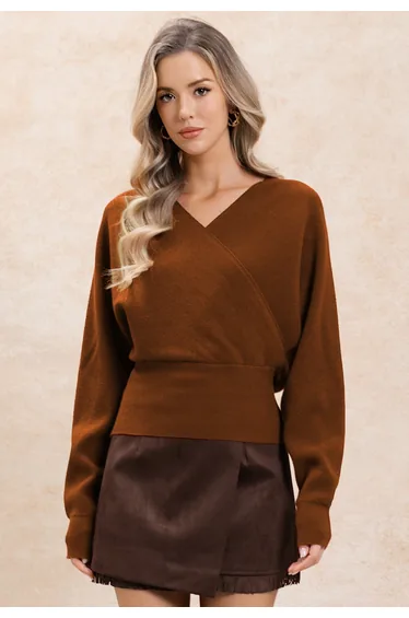 Back Bow Faux Wrap Knit Sweater in Caramel