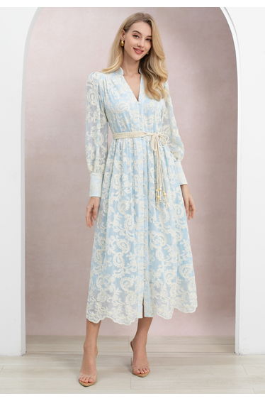 Paisley Embroidery Scalloped Hem Belt Buttoned Maxi Dress for Engagement Photos & Date Nights