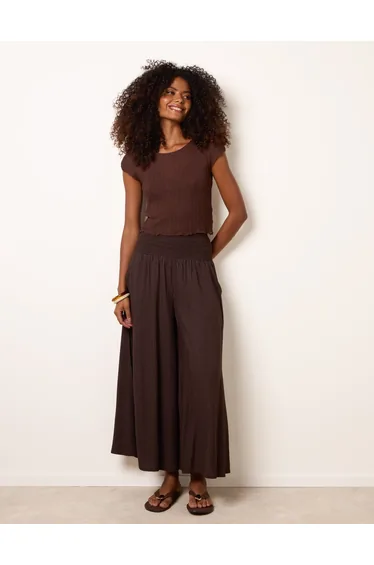 Wide Leg Shirred Waist Wavy Trousers
