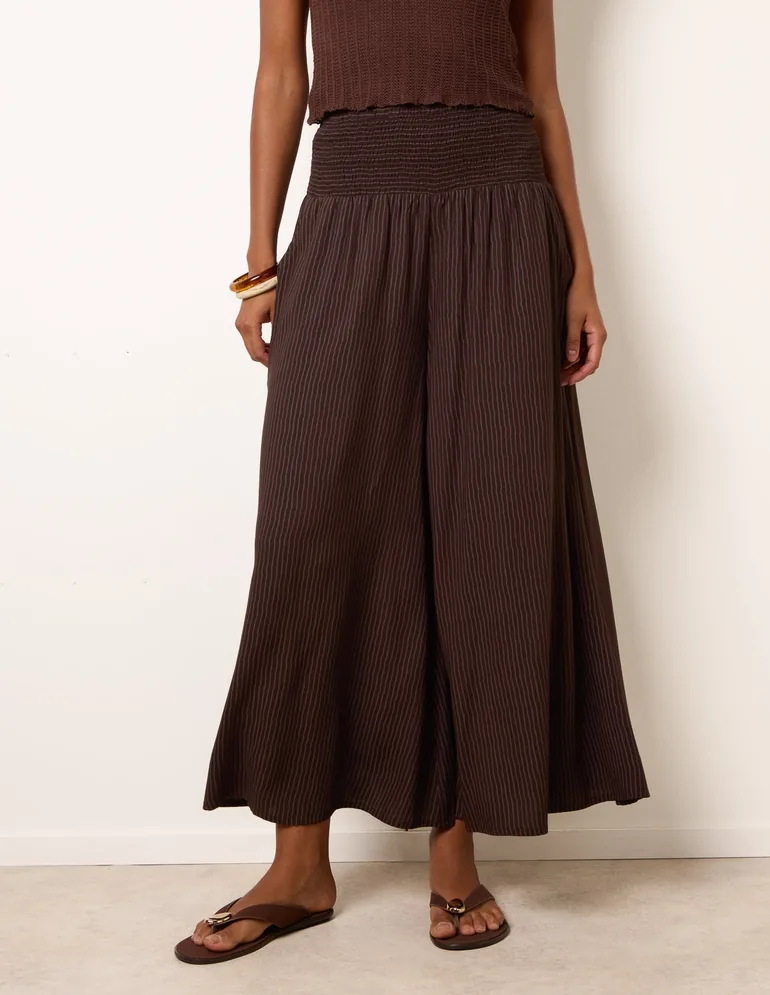 Wide Leg Shirred Waist Wavy Trousers - 2