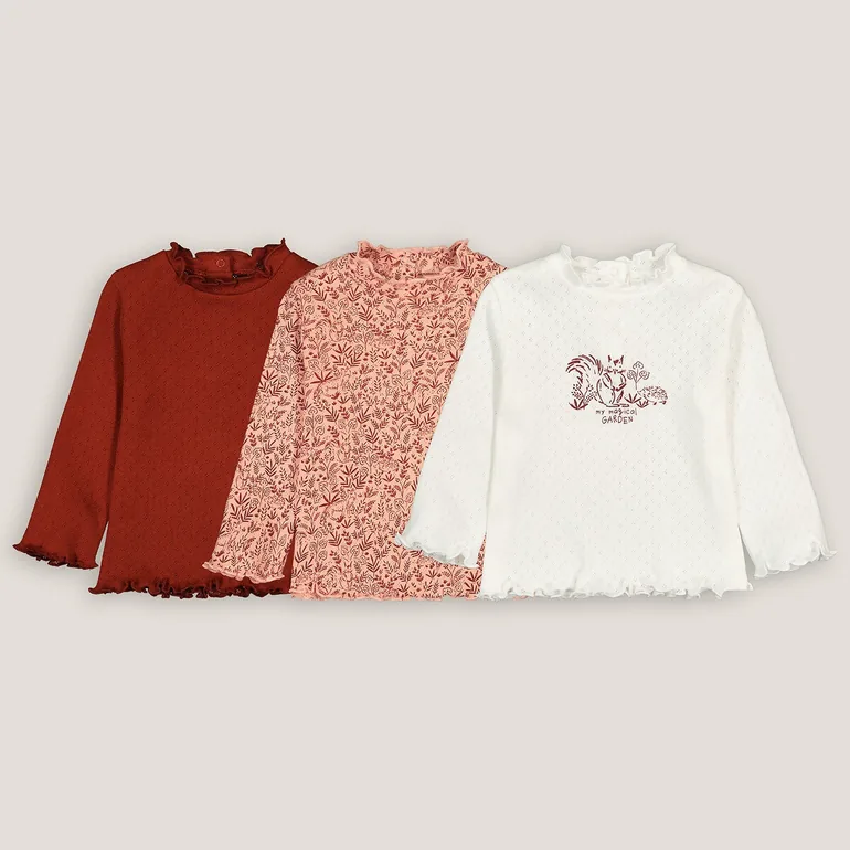 Pack of 3 T-Shirts in Pointelle Cotton with Long Sleeves and Ruffled Neck - 1