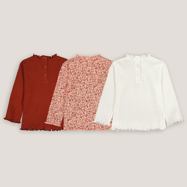 Pack of 3 T-Shirts in Pointelle Cotton with Long Sleeves and Ruffled Neck - 3
