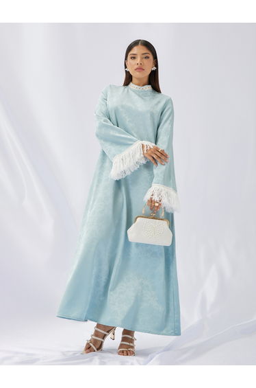 Jacquard Stand Collared Jalabiya with Tassel Trim