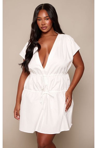 Plus White Tie Cinched Detail Shift Mini Dress
