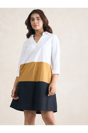 Color Block V Neck Knee Length Dress