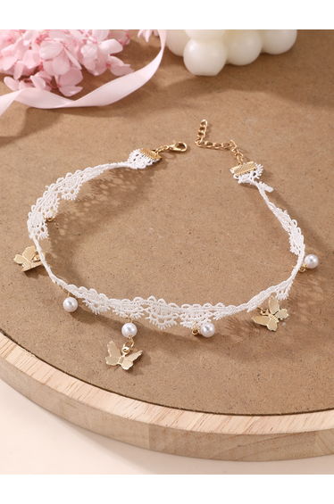 White Lace Choker Necklace with Butterfly and Pearl Charms