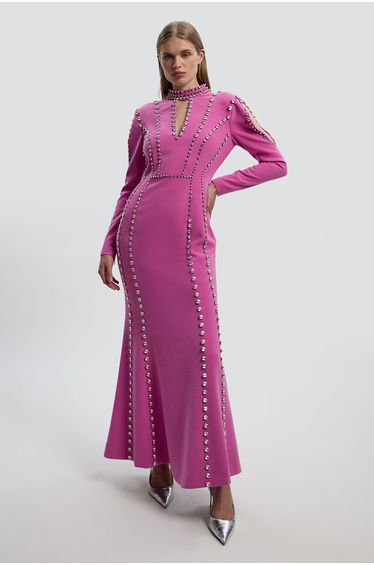 Crystal Embellished Woven Plunge Detail Maxi Dress