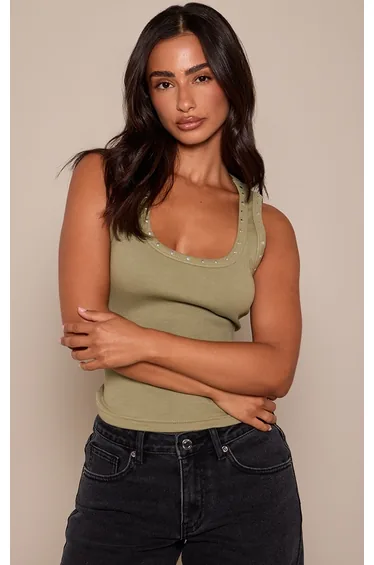 Petite Olive Stud Detail Vest Top