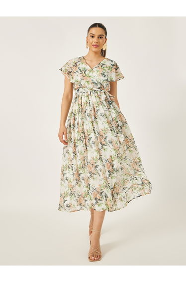 Textured Dobby Printed V-Neck A-Line Maxi Dress