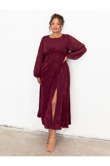 Lovedrobe Red Floral Burnout Long Sleeve Keyhole Back Midaxi Dress