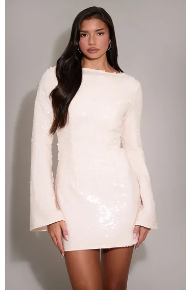 Cream Sequin Boat Neck Shift Dress
