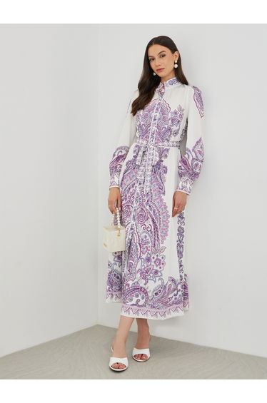 Floral Print Long Sleeve Tie Belt Maxi Dress