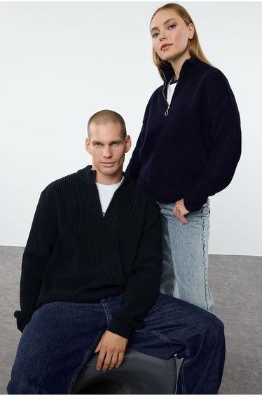 Navy Blue Soft Textured Zippered Knitwear Sweater