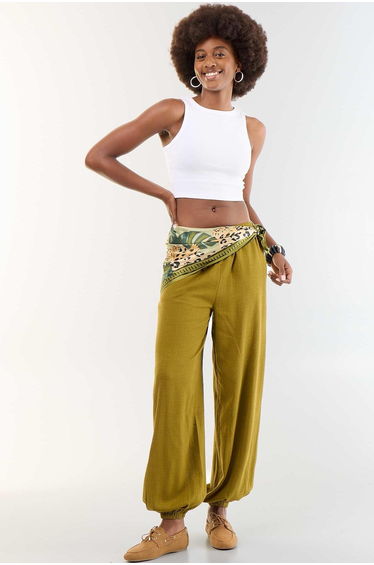Solid Color Balloon Fit Trousers with 2 Pockets GREEN